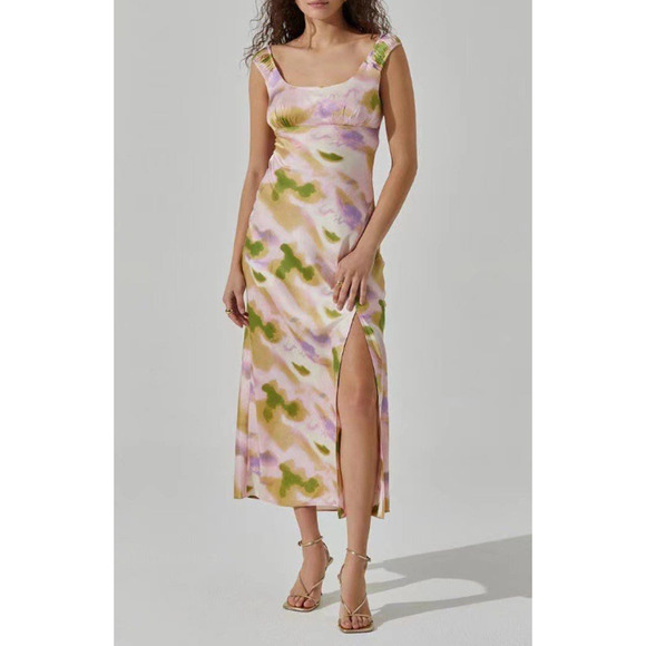 ASTR the Label Printed Satin Midi Dress Watercolor Scoop Neck Sleeveless Medium - Picture 1 of 11
